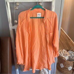 Aerie Orange Oversized Crinkled Button-Up Shirt Size M